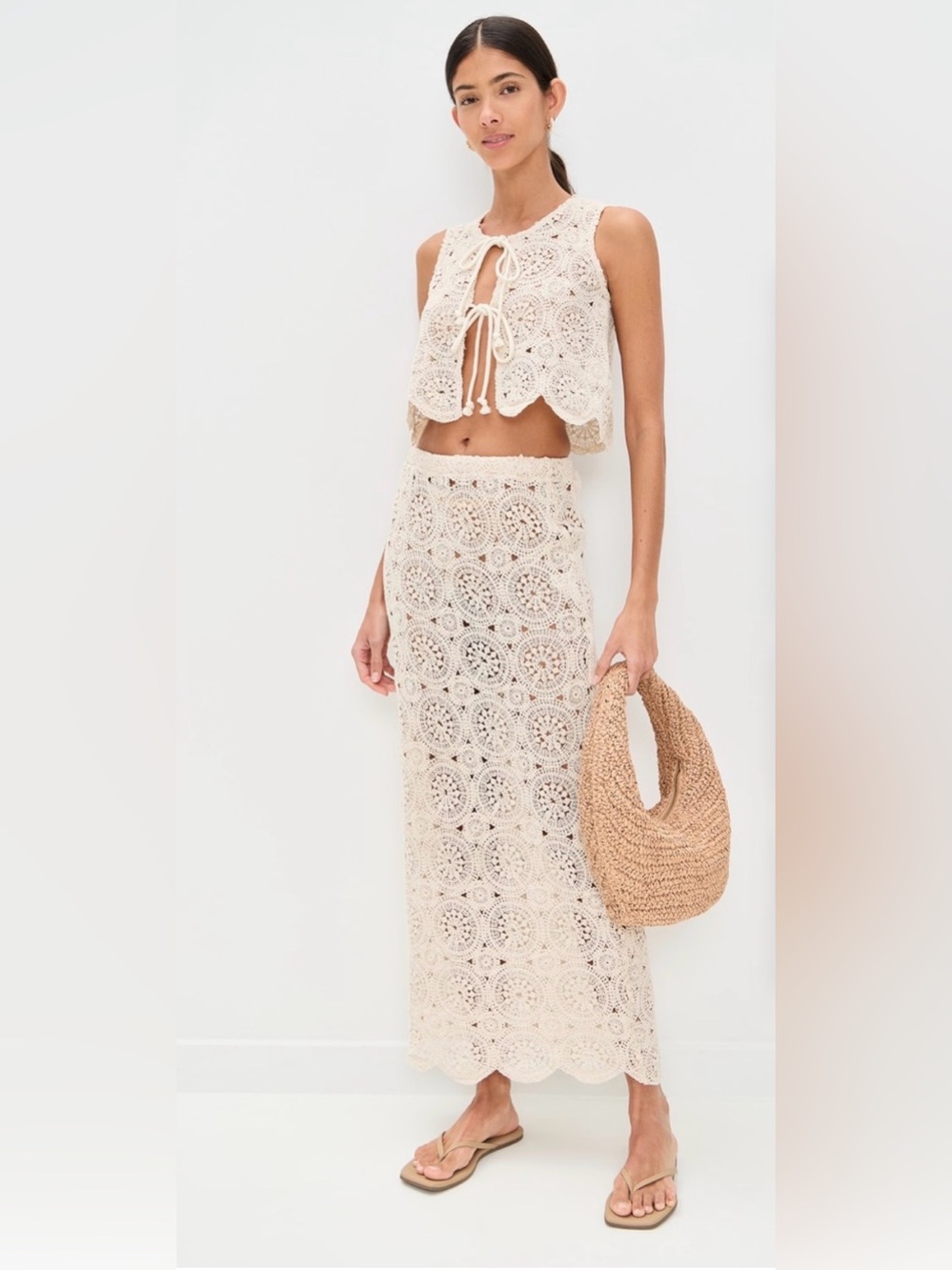 4th & Reckless floral crochet scalloped hem beach maxi skirt beige Cream sz XS